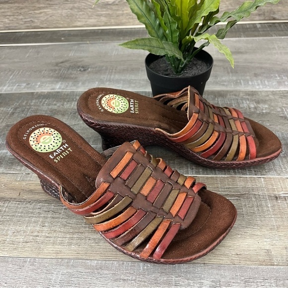 Earth Spirit Shoes - EARTH SPIRIT Gelron Birch Leather Brown Earthtone platform Sandal Slide Size 6.5
